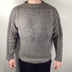 Handmade Cable Knit Sweater Men’s Crewneck Wool Blend‎ Large Greige w/Flecks